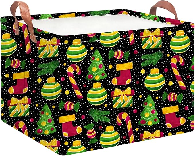 Rectangular Storage Basket Empty,Storage Bin with Handles,Room Decor,Gift Basket,Book Box(Black Christmas)