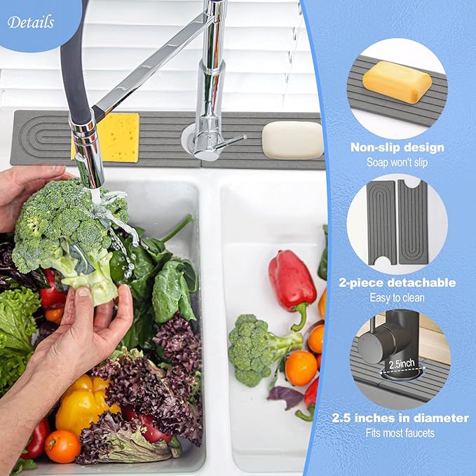 Stone Faucet Mat for Kitchen Sink- 15.6''x 3.9''Diatomite Fast-Drying Faucet Mat, Super Water Absorbing Stone Tray for Sink,Faucet Splash Guard for Bathroom Counter (Dark Gray)