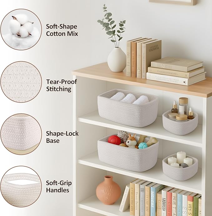 5-Pack Small Woven Rope Storage Baskets – 2 Sizes Organizer Bins for Closet, Shelf, Bookshelf, Nursery, Changing Table, Fabric Cube Boxes, Rectangular Shallow Bins for Bathroom, Toy & Home