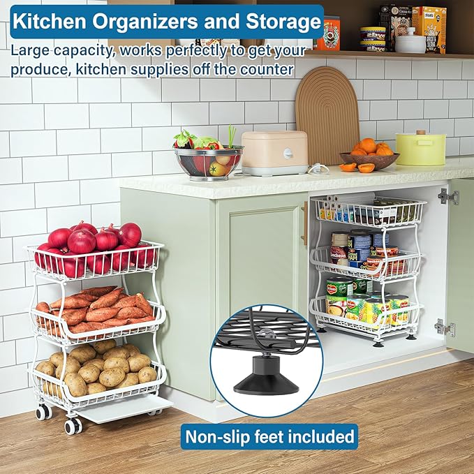 3-Tier Rolling Pantry Floor Organizer and Storage Cart with Wheels, Stackable Wire Pantry Baskets for Pantry Shelves, Kitchen Storage Rack and Fruit Basket Stand for Fruit Snack Onion Potato