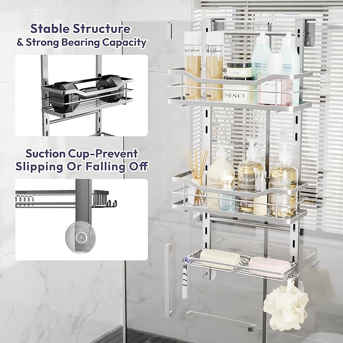 SWTYMIKI Over the Door Shower Caddy - 3 Tier Adjustable Shower Organizer Hanging with Soap Holder, No Drilling Stainless Steel Bathroom Rack Hanging for Body Wash, Shampoo, Soap, Razor, Silver