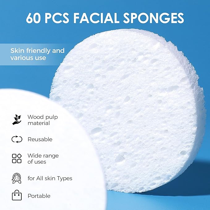 60-Count Compressed Face Sponges for Cleansing, Reusable White Natural Cellulose Travel Essentials Facial Sponge, Women Washing Face Pads for Make Up Remover, Exfoliating, Spa, Skin Care