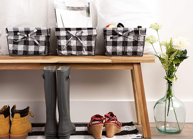 DII Farmhouse Chicken Wire Storage Baskets with Liner, Small, Vintage Black & White Check, 9x7x6", 3 Piece