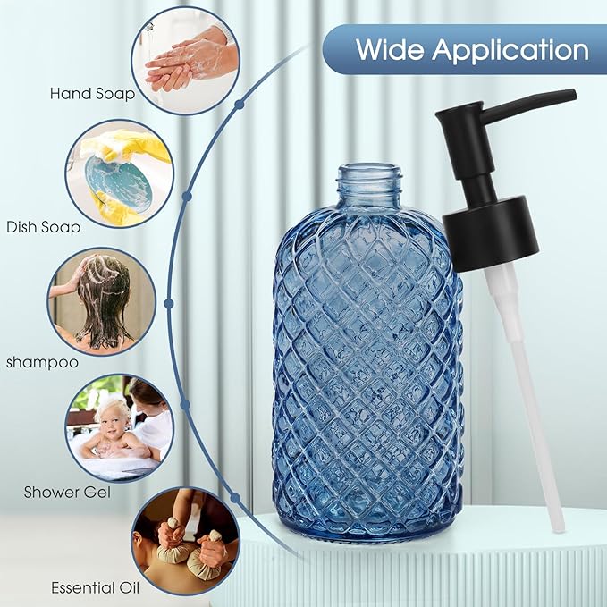 2 Pack Gem Glass Soap Dispenser with Black Plastic Pump, 13oz Liquid Hand Soap Dispenser, Rustproof Pump for Kitchen & Bathroom, Great for Lotions, Essential Oil, Liquid Soaps-Blue