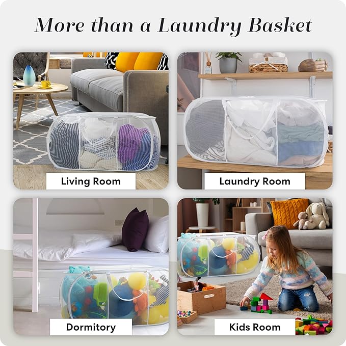 Foldable Laundry Basket - Popup and Collapsible, Durable Mesh Material, Folds for Storage, Easy Carry Handles - Great Hamper for College Dorm, Laundry Room or Travel (White, 3-Compartments)
