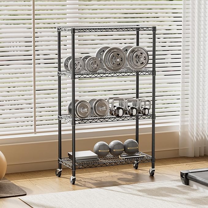 SINGAYE 4 Shelf Storage Wire Shelves Closet Bathroom Organizers Metal Pantry Kitchen Garage Shelving Unit Laundry Room Organization Home Narrow Rack Net Basket with Wheels Black