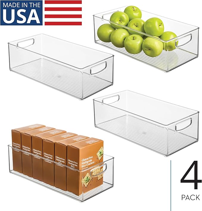 Plastic Stackable Pantry Bin - Organizer Bin with Handles for Cabinets or Fridge - Set of 4 - Clear