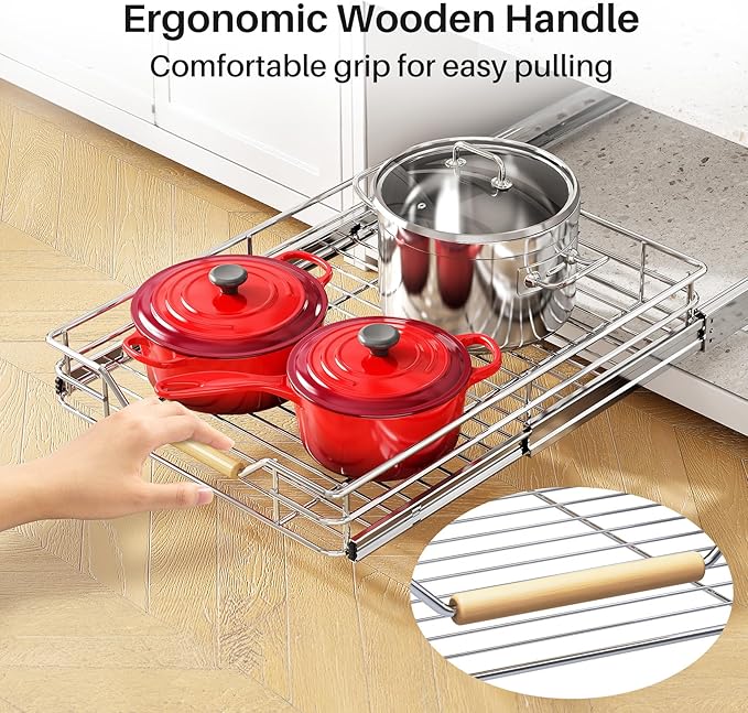 Pull out Cabinet Organizer, 12"W X 21"D, Heavy Duty Smooth Sliding Under Cabinet Shelves for Pots and Pans, Full-Extension Roll out Drawers, Slide out Organization for Home Kitchen Pantry