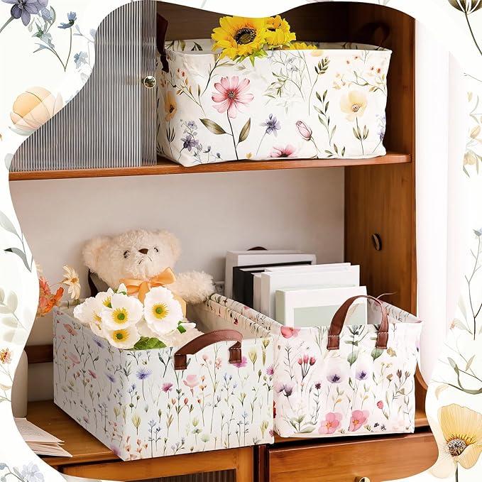 Boao 3 Pcs Wildflowers Storage Bin Wildflowers Collapsible Large Storage Baskets for Gifts Canvas Laundry Basket Foldable Box with Handle for Office Home Bedroom Clothes