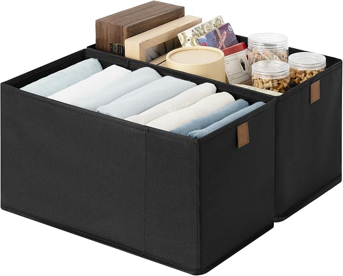 StorageWorks Narrow Baskets for Storage, Fabric Storage Bins, Small Baskets for Organizing with PU Handle, Great for Clothes, Books, and Laundry Items, Black, 2-Pack