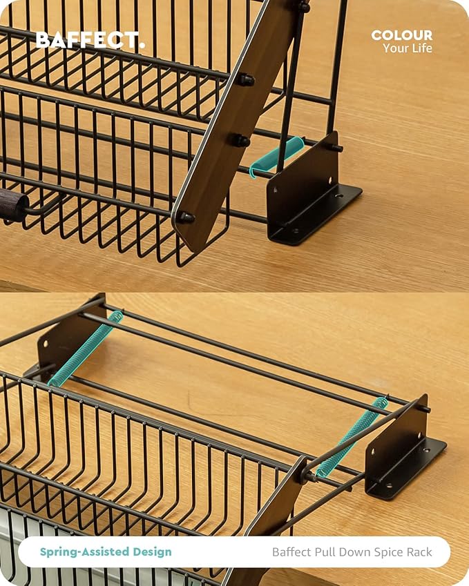 Baffect 3 Tiers Pull Down Spice Rack, Pull Out Spice Organizer for Inside Cabinets, Drop Down Spice Shelf with Spring Buffer Device for Kitchen Upper Cabinet（Black）