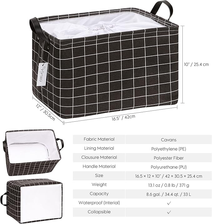 Hinwo Large Canvas Fabric Storage Basket with Handles, 33L/8.6-Gal Rectangle Bin, Collapsible Storage Box, Clothes, Toys, Blankets Organizer, 16.5 x 12 x 10 Inches (L, Black Grid)