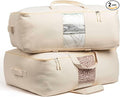 Soft Canvas Storage Bags with Zipper. Thick Breathable, 2pc King/Queen Comforter Organizer. Four Carrying Handles and Window. Large 25x19x9in Bag for Sheets Blankets Bedding Pillows, Clothes