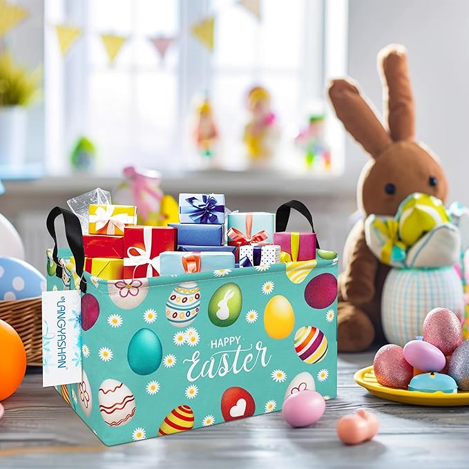 LANGYASHAN Rectangular Storage Bin Collapse Canvas Fabric Cartoon Storage Basket with Handles for Organizing Home Kitchen Boys and Girls Toys Office Closet Shelf Baskets (Rec Daisy Easter Egg)