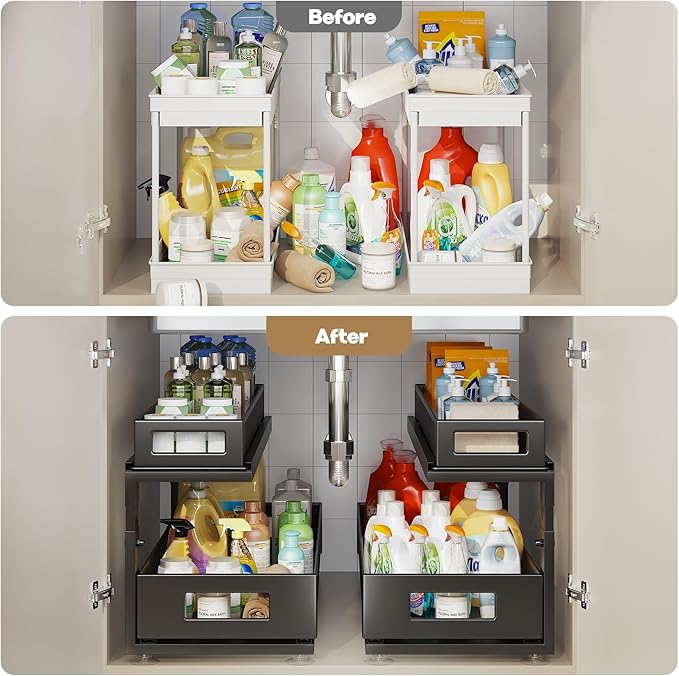 Corbyles 2 Pack 21.3IN-Depth Under Sink Organizer with Next-Gen Ball-Bearing Slides,2-Tier Pull Out Cabinet Storage,Height Adjustable Drawer Shelf for Bathroom,Kitchen,Laundry,Cabinet,Pantry-Black
