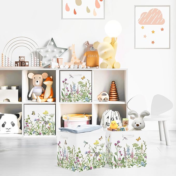 Clastyle Flowers Storage Cube Organizer Set Handle Closet Clothes Cube with Metal Frame Foldable Parents Organizer Storage Basket for Book Toy,Green,11.8x11.8x11.8 in