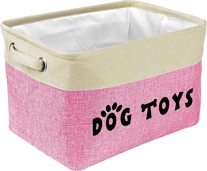 PET ARTIST Dog Toy Basket, Collapsible Dog Toy Bin Box with Comfortable Handles, Large Pet Toy Storage Organizer for Accessories, Toys, Coat & Clothing, Blanket & Leash, Pink, 15"x11"x9"