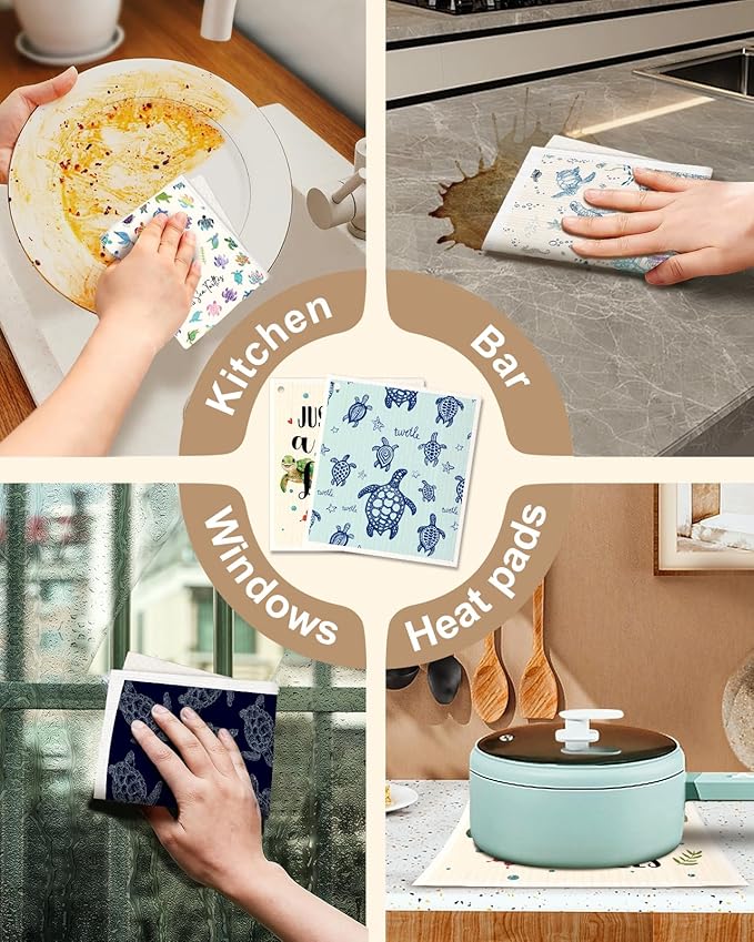 Kitchen Swedish Dishcloths with Hooks - 6 Pack Reusable Dish Cloths for Washing Dishes Fast Drying Cute Fun Swedish Dish Towels Washable Cleaning Sponge, Blue Turtle
