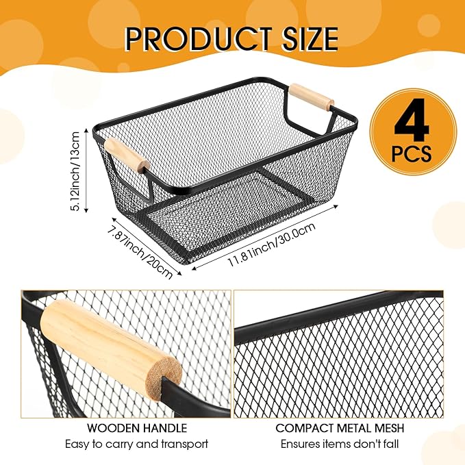 4 Pcs Metal Wire Basket with Wooden Handles Mesh Steel Storage Organizer Bin Containers for Home Organizing Cabinet Pantry Closet Kitchen Fridge Fruit Makeup Snacks Gifts(Medium,Black)
