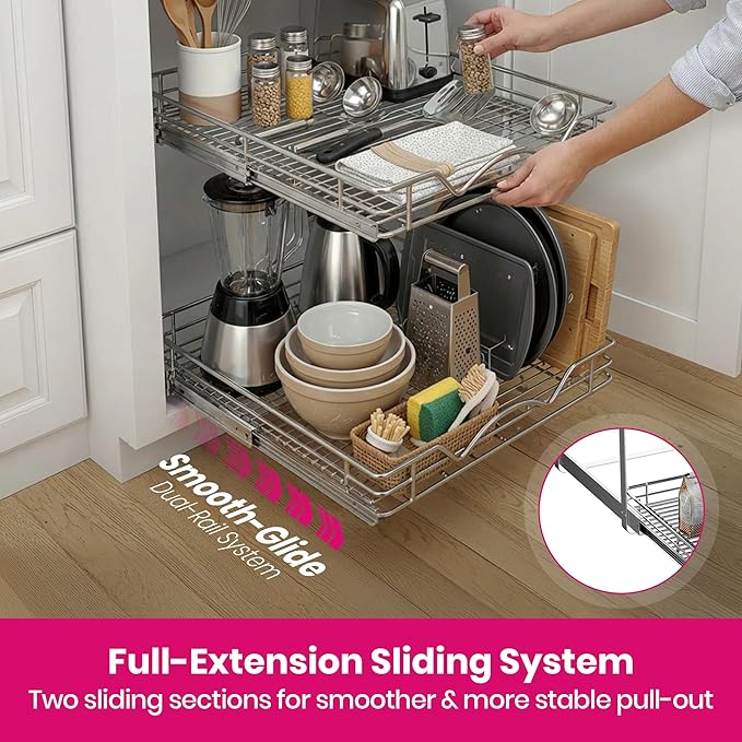 2-Tier Pull-Out Cabinet Organizer with Heavy-Duty Steel Frame, Full-Extension Sliding Shelves, Holds 100 lbs, Easy Install for Kitchen, Pantry & Under Sink Cabinets, 20" W x 21”D x 16.5" H