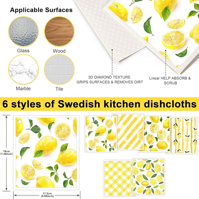 6 Pack Swedish Dishcloths for Kitchen - Reusable Dish Paper Towels Wash Cloths Washable,Absorbent Cellulose Cleaning Sponge Cloth Wipes Quick Dry, Decorative Tea Towels,No Odor Biodegradable(Lemon)
