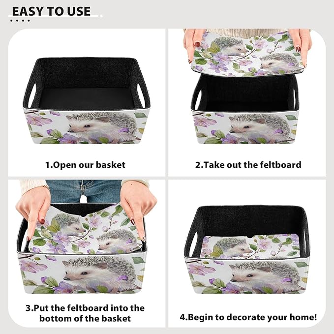 Closet Storage Bins 2 Pcs Felt Open Home Storage Containers Organizer with Handles Collapsible Shelf Basket for Home Office Craft Room Classroom Fabric Hedgehogs Flowers Purple