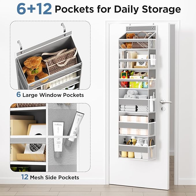 Over The Door Organizer, 6 Shelf Door Hanging Organizers with 6 Large Capacity Pockets, Behind Door Storage Hanging Shelves for Closet Wall Bathroom Bedroom Nursery