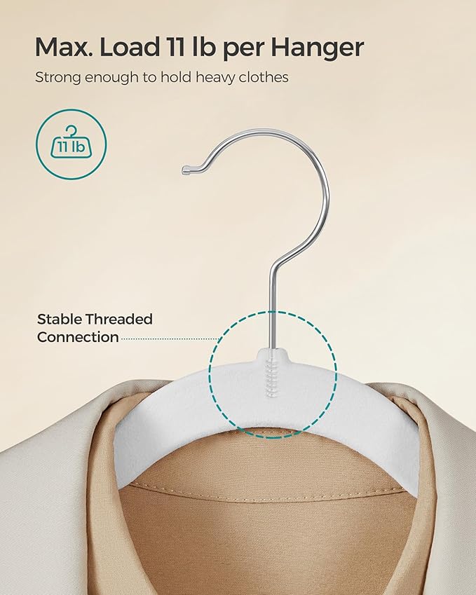 SONGMICS Velvet Hangers 60 Pack, Non-Slip Clothes Hangers with Shoulder Notches, Pants Bar, 360° Swivel Hook, Space-Saving, for Closet, Cloud White UCRF030W01