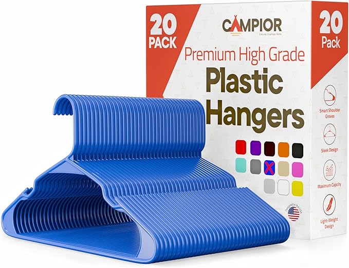Plastic Clothes Hangers – Heavy Duty Hanger Set, for Organizing Clothes, Dresses, and Coat, Holds Up to 5 lbs, Space-Saving Hangers with Non-Slip Shoulder Grooves, Pack of 20, Blue