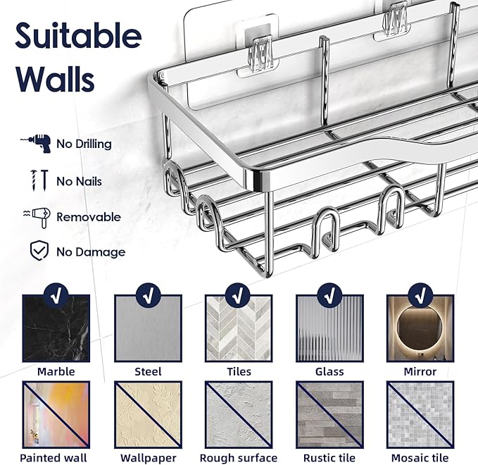 Shower Caddy Adhesive Shower Organizer 7-Pack, Rustproof Stainless Steel Bathroom Shelves, Large Capacity No-Drill Rack Storage Accessories with Soap Dish Toothbrush Holder Hooks