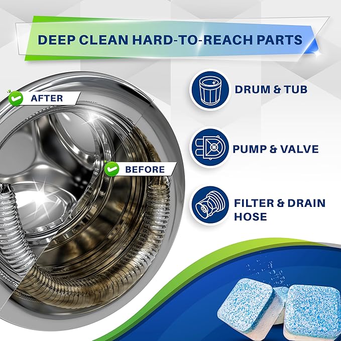 Washing Machine Cleaner Tablets, 24 Pack–Deep Cleaning Tablets for Top & Front Load HE Washer Cleaners, Descaler & Deodorizer, Septic Safe, Cleans Drum, Tub, Seal & All Internal Parts