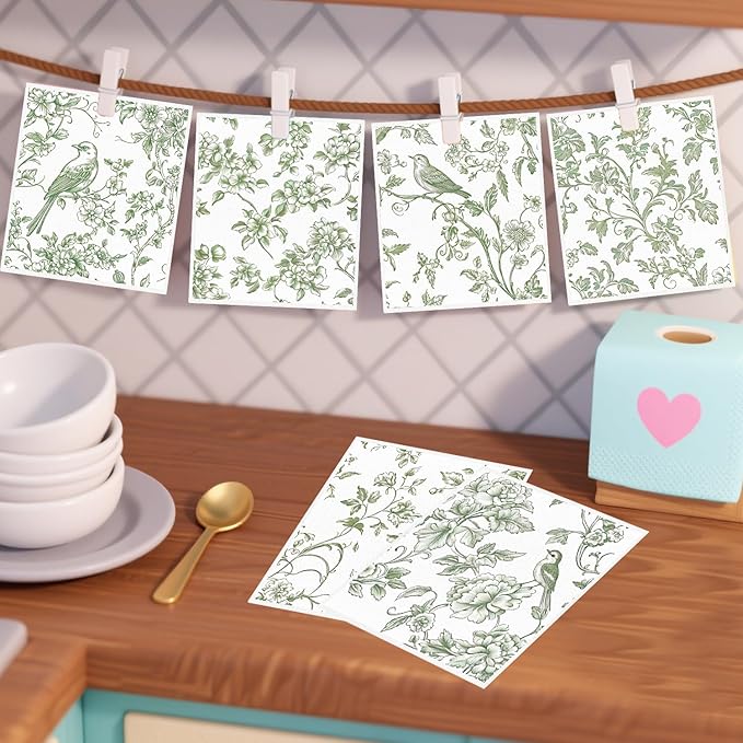 Swedish Dishcloths for Kitchen, 6PCS Sage Green Floral Birds Cellulose Sponge Reusable Paper Towels Washable, Greenery Absorbent Fast Drying Swedish Dish Cloth for Home Cleaning