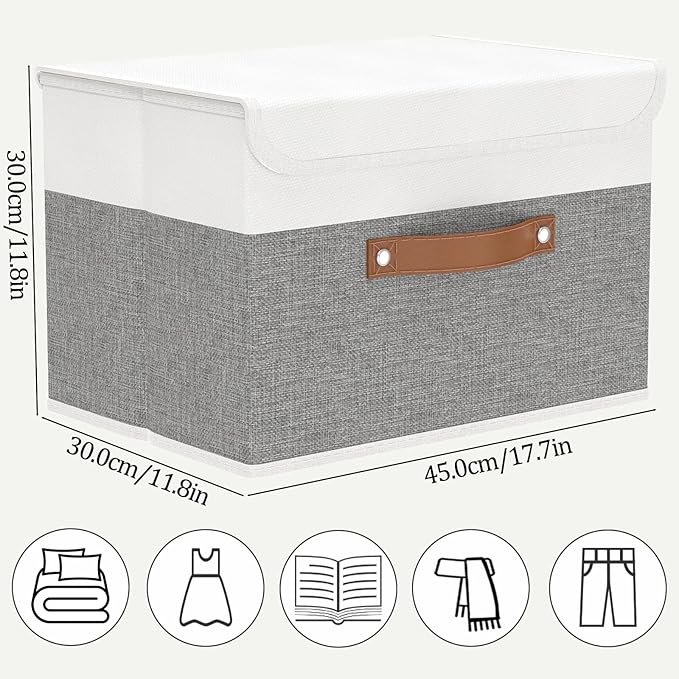 OUTBROS Storage Box with Lid Large, Linen Fabric Wardrobe Containers, Collapsible Organiser For Towels, Clothes, 17.7 x 11.8 x 11.8 inch (White/Grey, 5-Pack)