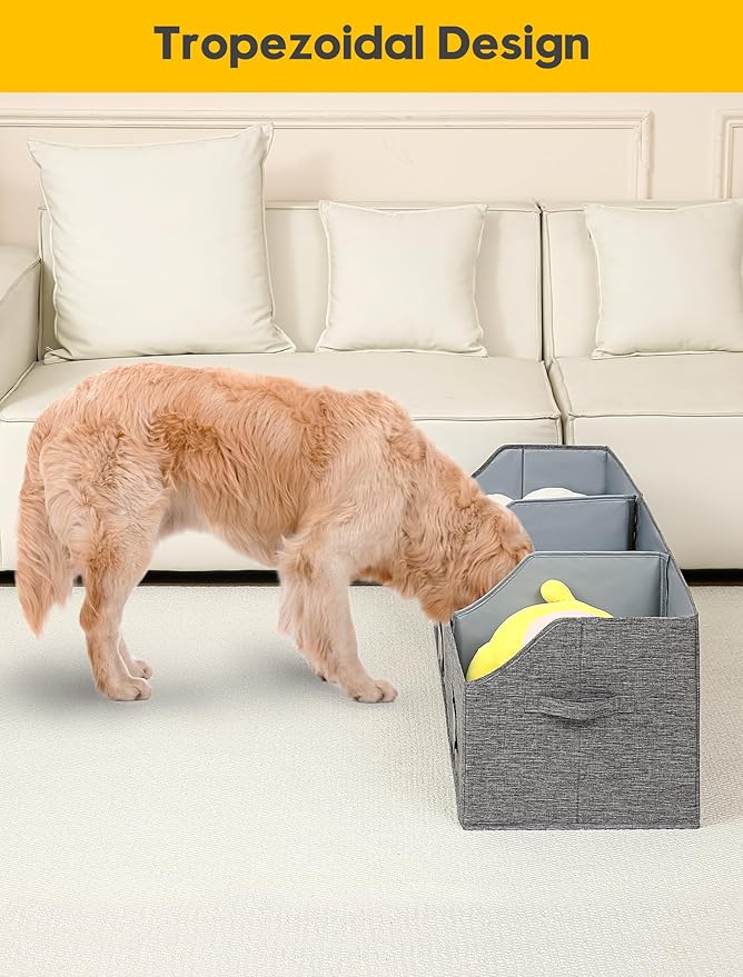 Qozary Large Dog Toy Basket with Diy Tag - Collapsible Dog Toy Bin, Fabric Personalized Storage Box, Trapezoid Storage and Organizer for Pet Supplies (Gray, Extra Large 47"x13.4")