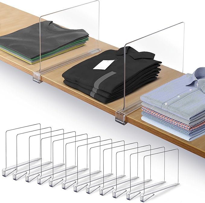 12 Pack Acrylic Shelf Dividers for Closet 11x7.9 Inch – Acrylic Dividers for Shelves Clear Closet Shelf Separators for Purses, Clothes Storage – Vertical Bookshelf Dividers for Bedroom & Kitchen