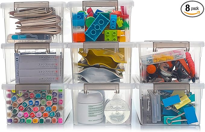 Citylife Small Storage Bins with Lids 3.2 QT- 8 Packs Plastic Storage Containers for Organizing Stackable Clear Storage Boxes,Clear White