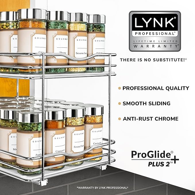LYNK PROFESSIONAL® Pull Out Spice Rack Organizer for Inside Kitchen Cabinets - 8-3/8 inch Wide - Slide Out Drawer – Chrome Sliding Spice Organization for cabinet - Spice Racks - 2 Tier