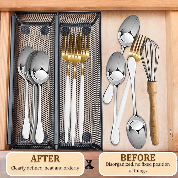 2PCS Drawer Organizer for Kitchen,Utensil Mesh Drawer Organizer with Interlocking Arm for Cosmetic,Flatware,Pen (12 * 3 * 2 Inches,Grey)