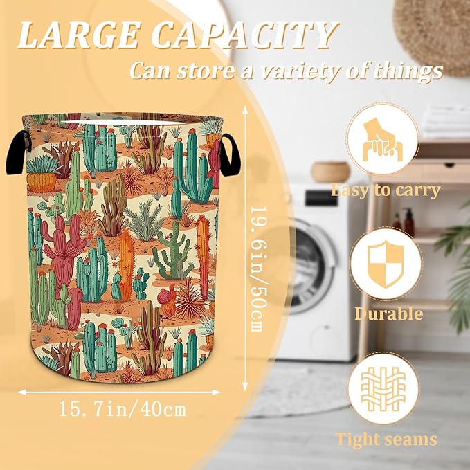 Tropical Cactus Laundry Basket, Foldable Waterproof Oxford Cloth Laundry Hamper Funny Tote Bag Dirty Clothes Storage Bucket Toy Organizer for Bathroom/Laundry/Bedroom 15.7"x19.6"