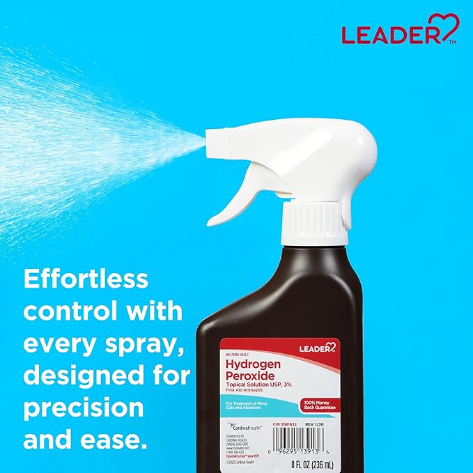 LEADER Hydrogen Peroxide Spray Bottle First Aid Antiseptic 3% Solution – Multi-Purpose Cleaner, Gentle & Effective Disinfectant Spray for Home, Cuts, and Scrapes, Easy-to-Use 8 oz Bottle