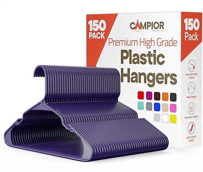 Purple Plastic Hangers 150 Pack– Heavy-Duty Plastic Hangers Slim and Space-Saving, Durable and Lightweight with Non-Slip Shoulder Notches for Slip Dresses, Suits, Jackets & Camisoles