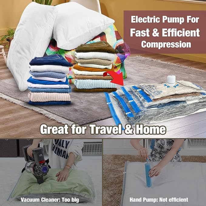 HIBAG Jumbo Vacuum Seal Bags for Clothing with Electric Pump, Vacuum Storage Bags for Clothes, Pillows, Blanket Bedding Comforters, 10 pack