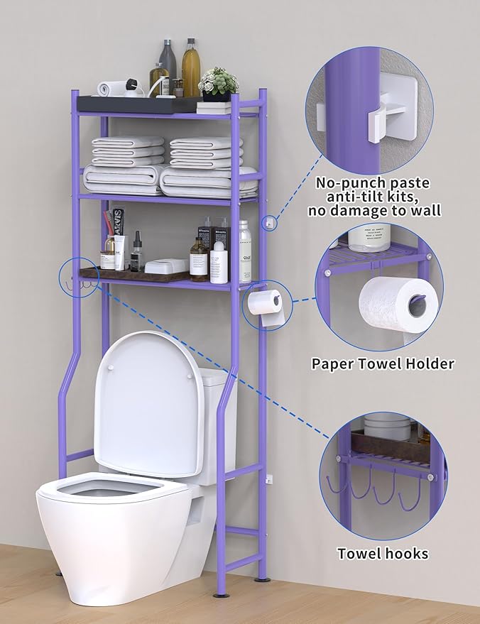 3-Tier Over The Toilet Storage, Freestanding Metal Bathroom Shelves with 4 Hooks, Over Toilet Storage Shelf with Paper Holder, Above The Toilet Shelf for Bathroom Storage, Purple