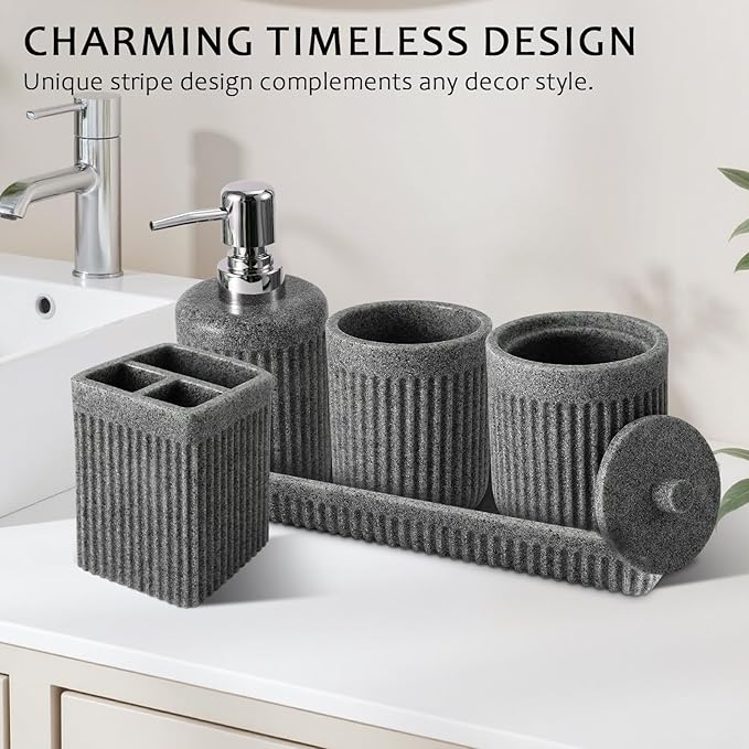 8-Piece Grey Bathroom Sets with Shower Curtain and Rugs, Resin Bathroom Accessories Sets Complete with Soap Dispenser, Toothbrush Holder, Tumbler & Apothecary Jars Bathroom Essentials