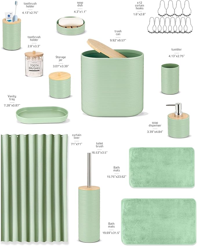 IMAVO Green Bathroom Set,26Pcs Bathroom Accessories Set with Waffle Shower Curtain,Rugs,Trash Can,Tray,Soap Dispenser,Soap Dish,Toothbrush Holder,Toothbrush Cup,Toilet Brush Holder and Qtip Holders
