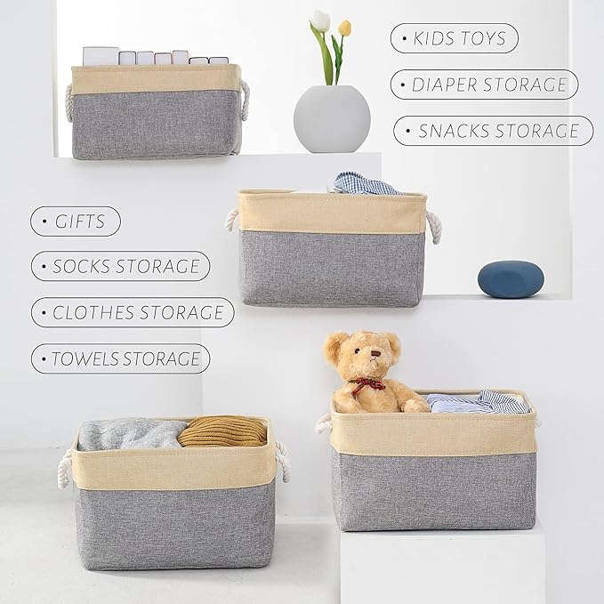Sacyic Organization and Storage Basket for Organizing - Large 4 Pack 16x12x8 inch Collapsible Baskets for Shelves Fabric Storage Cube, Storage Bins for Laundry Cloth Books Gift (Gold & Grey)