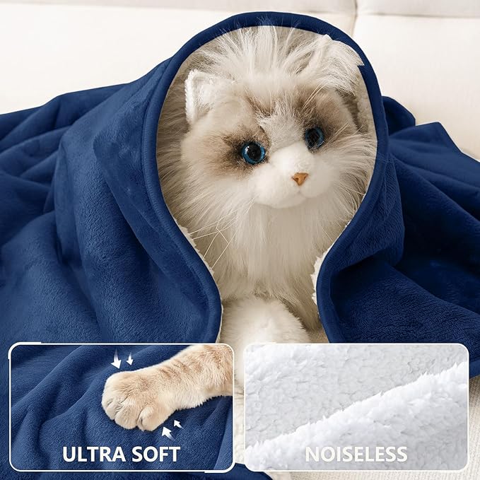 Smiry Waterproof Dog Bed Blanket, Leakproof Pet Throw Blanket for Bed Couch Sofa, Reversible Sherpa Fleece Furniture Protector Cover for Small Medium Large Dogs Cats (Navy Blue, 40x57 inches)