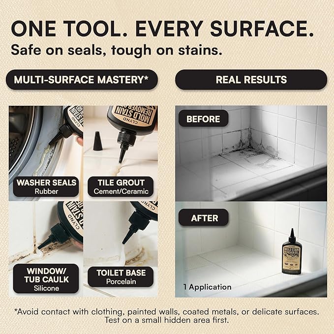 Stain Remover Gel - Low Odor, No Harsh Fumes - For Washing Machine Rubber Seal, Bathroom Grout and Caulk, Shower Tile Cleaner, HE Front Load Washer Safe, UV-Shield Black Bottle - 7 oz