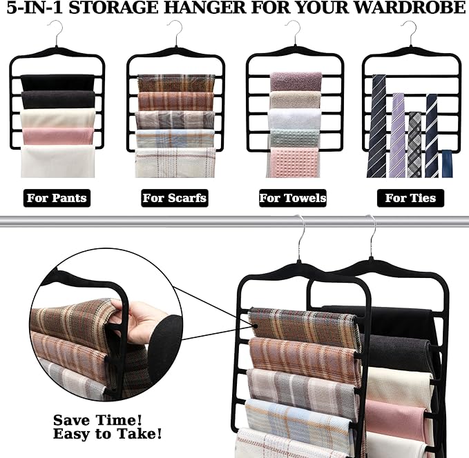 Closet Organizers and Storage,3 Pack Velvet Pants-Hangers-Space-Saving,Non Silp 5 Tier Scarf Jeans Organizer,Dorm Room Essentials for College Students Girls Boys Guys,Organization and Storage