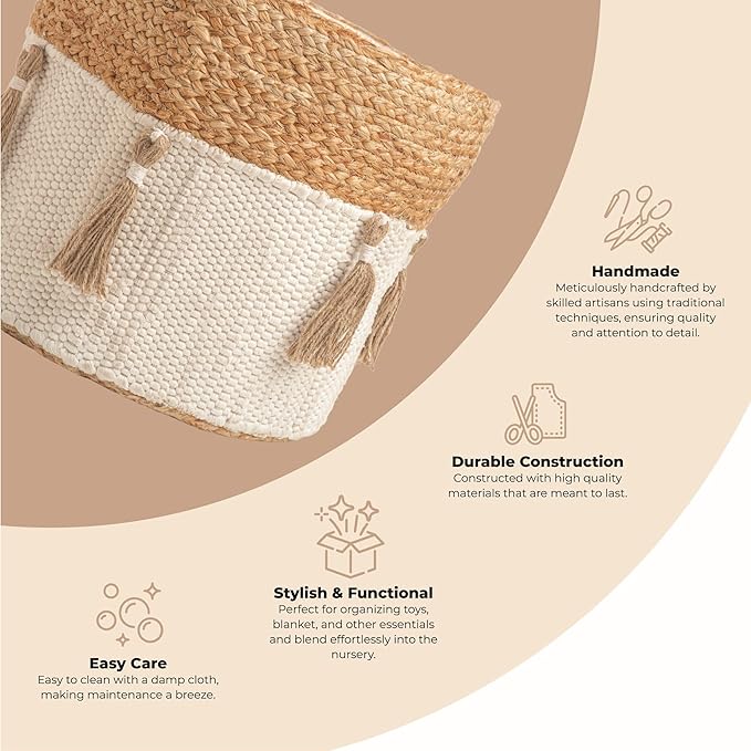 Crane Baby Boho Safari Nursery Decor Baby Storage Bin, Cotton & Jute Collapsible Fabric Basket Organizer, 13X12 Jute 13 X 12 Inches Beige